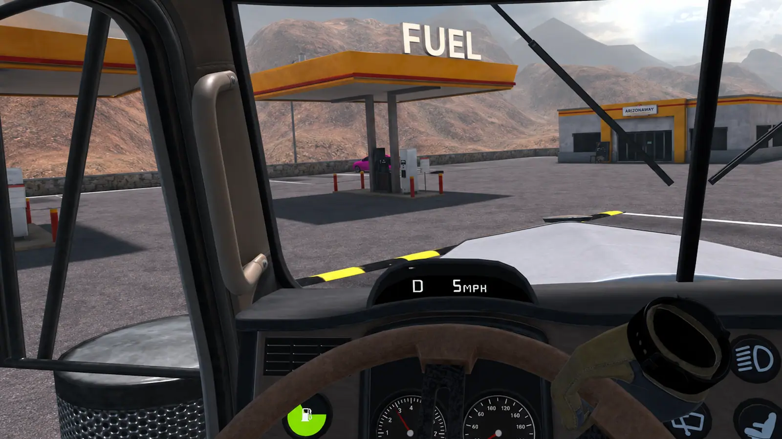 VR truck cab view — steering wheel, dashboard and a fuel station through the windshield