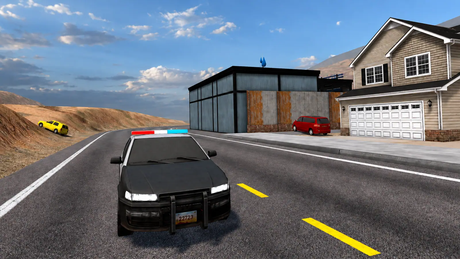 A desert town street with a police car and houses under a wide blue sky