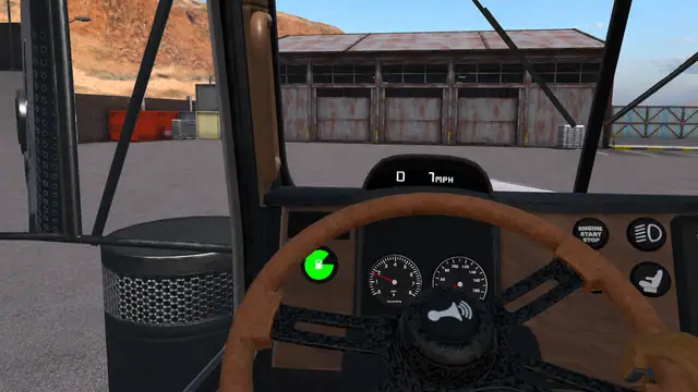 Truck cockpit with dashboard and steering wheel