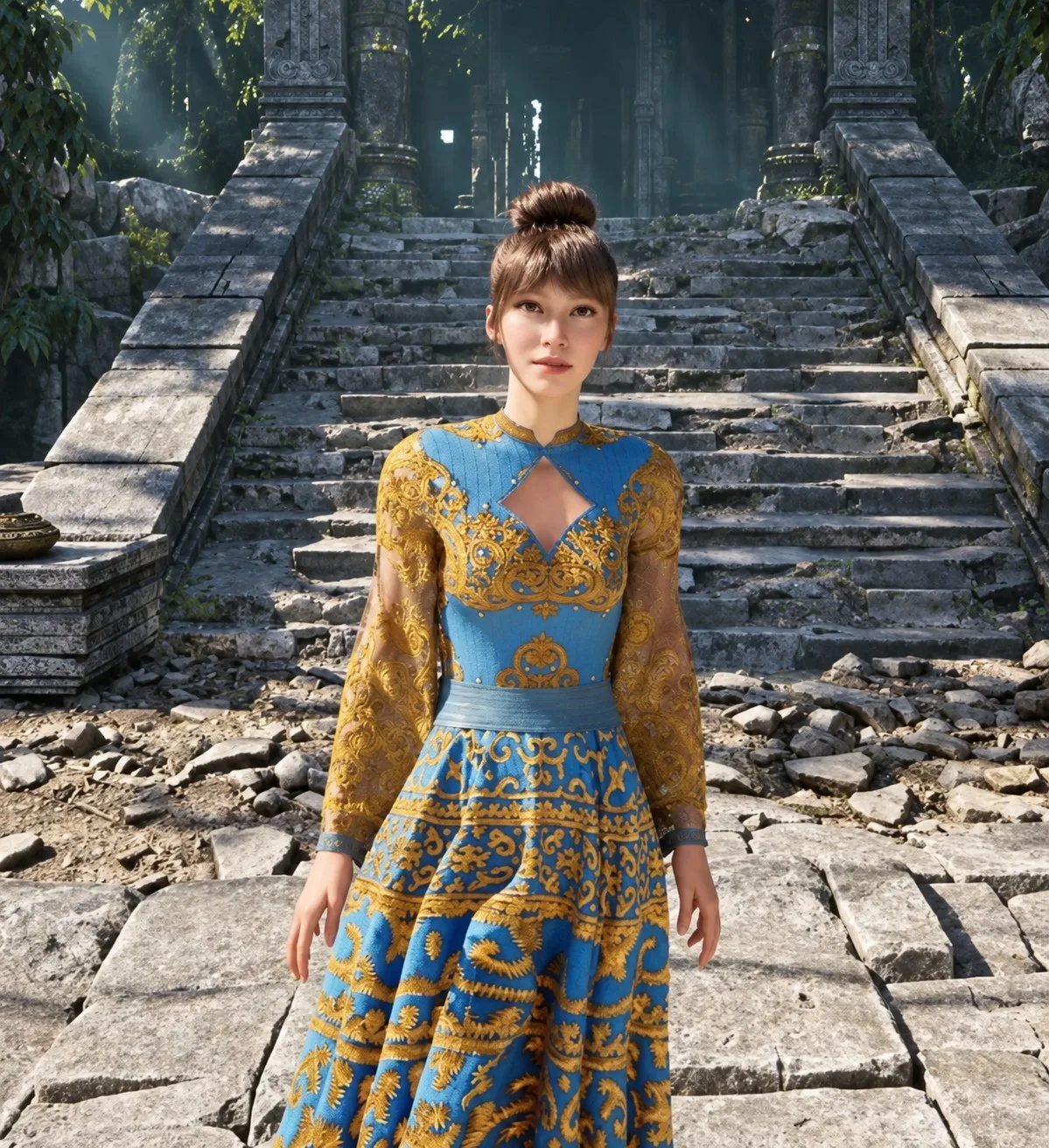 A real-time avatar character in an embroidered blue and gold dress standing on ancient stone steps