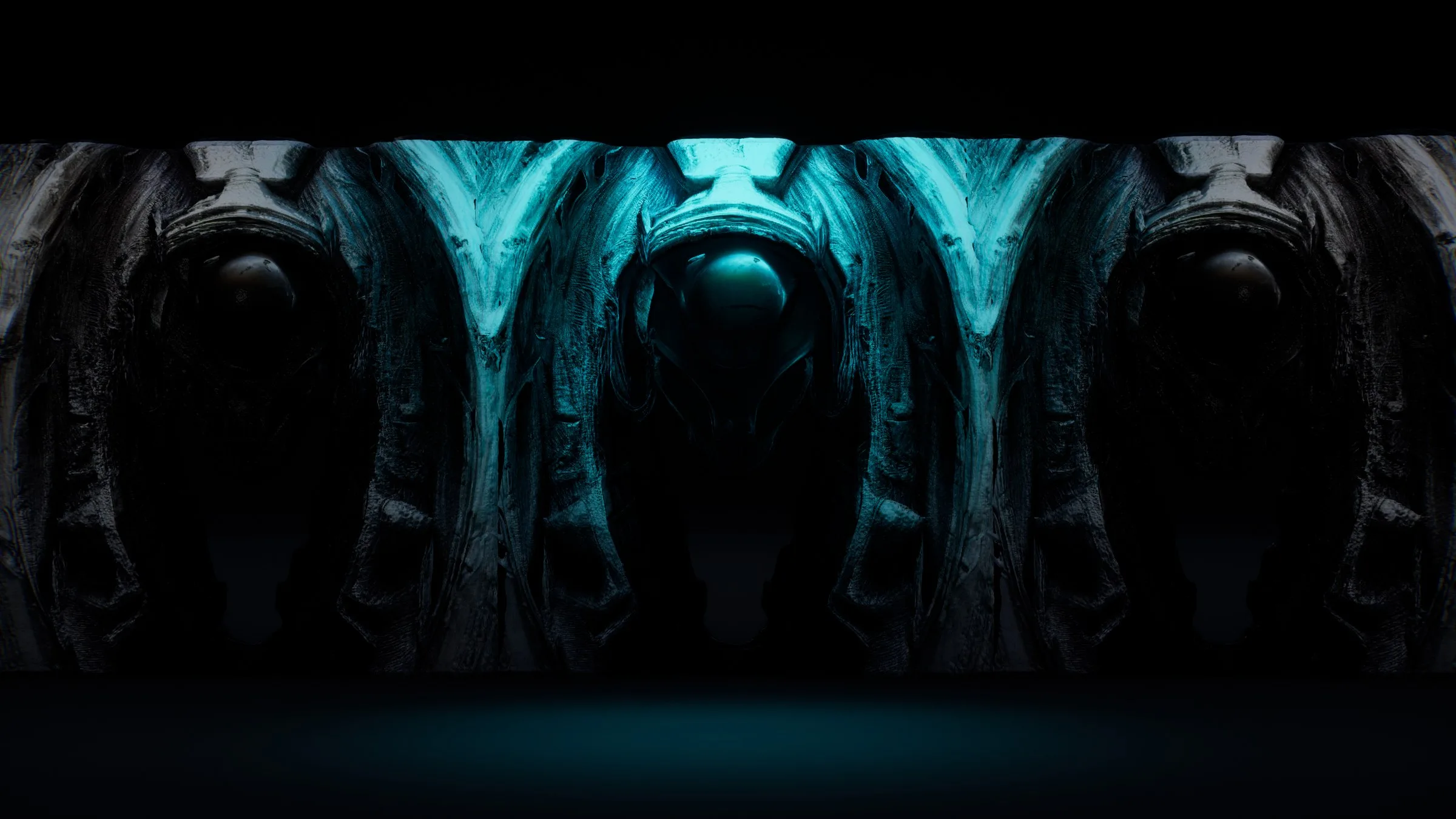 A dark wall of generated organic ornaments lit in cyan