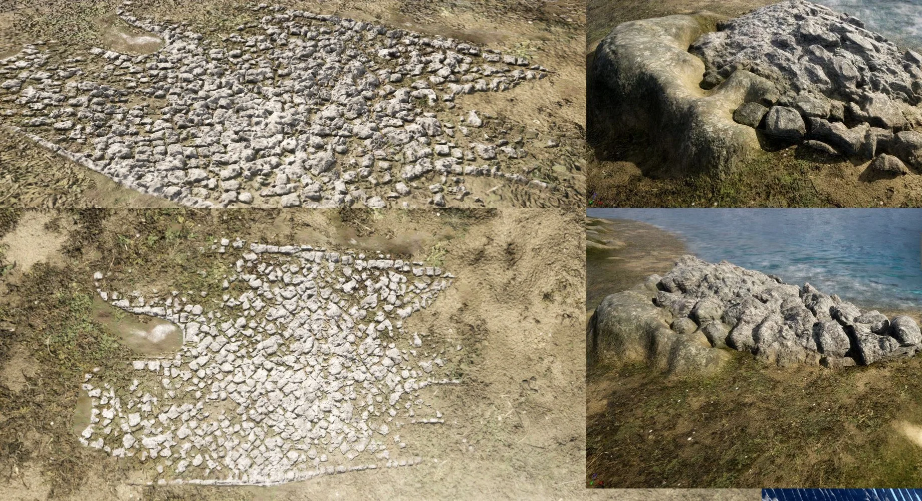 Four views of generated limestone rock formations on grass and at a shoreline
