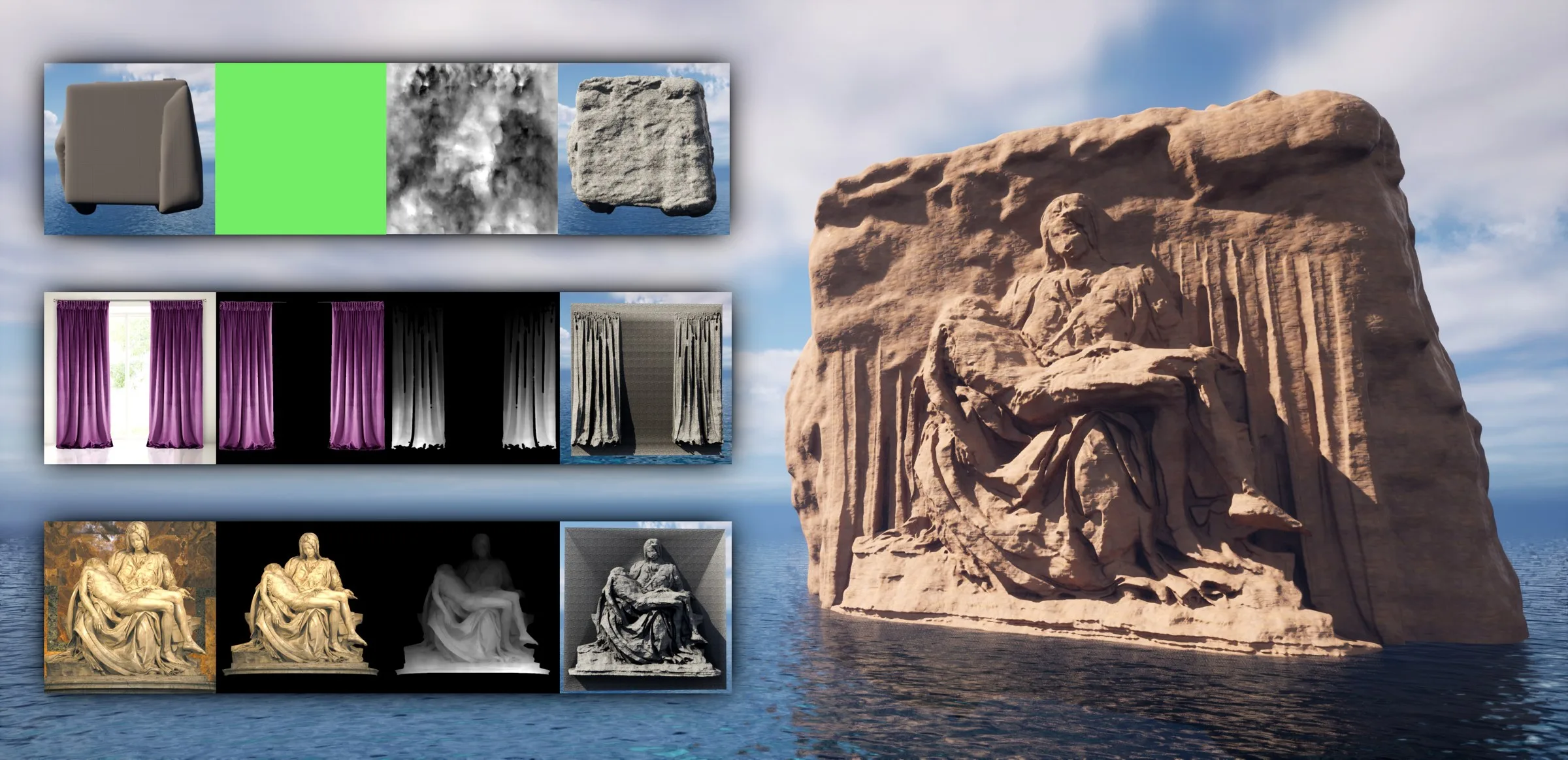 Reference images turned into height maps and a carved stone relief