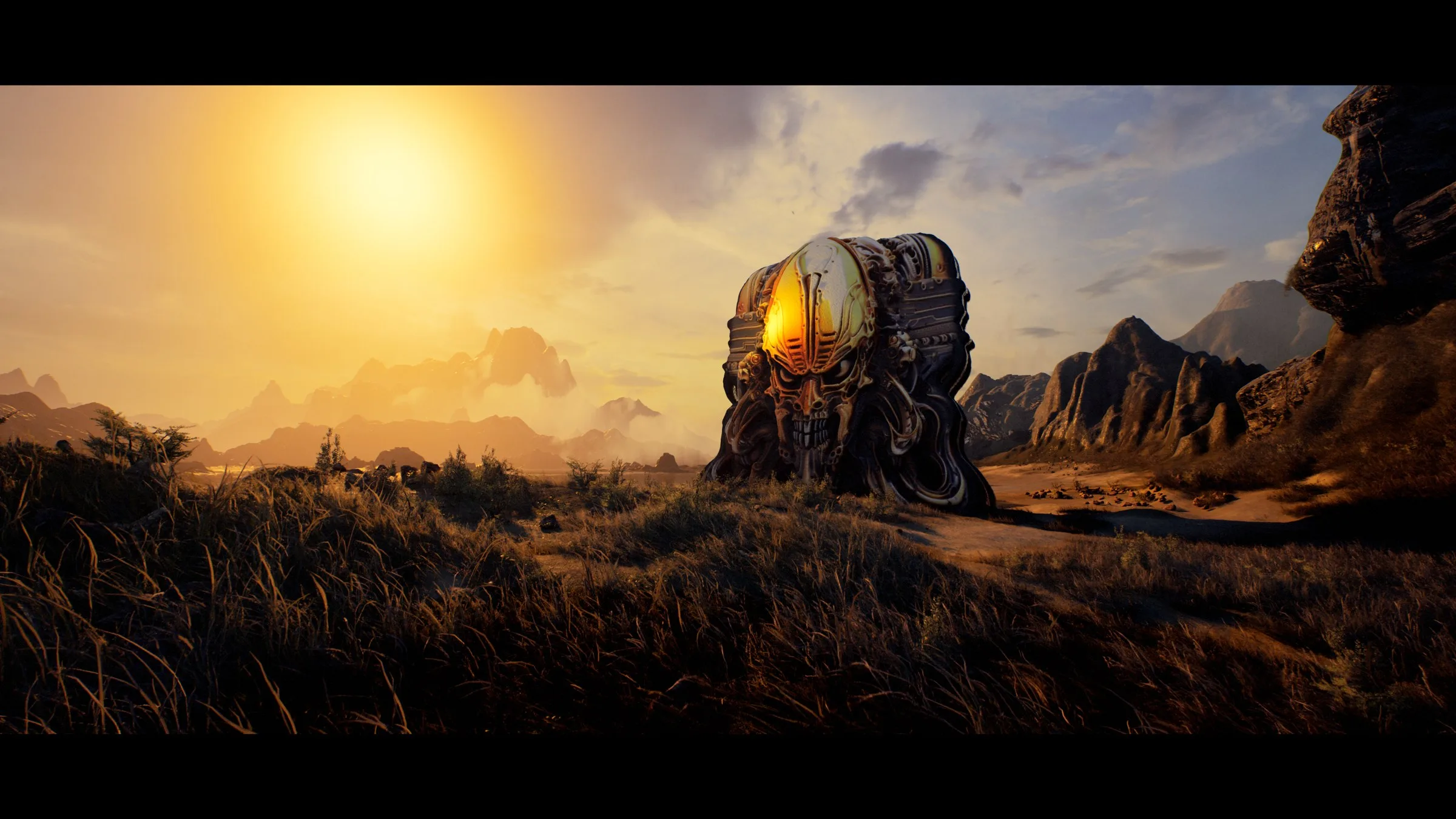 Golden-hour landscape in Unreal Engine with a large generated relic sculpture