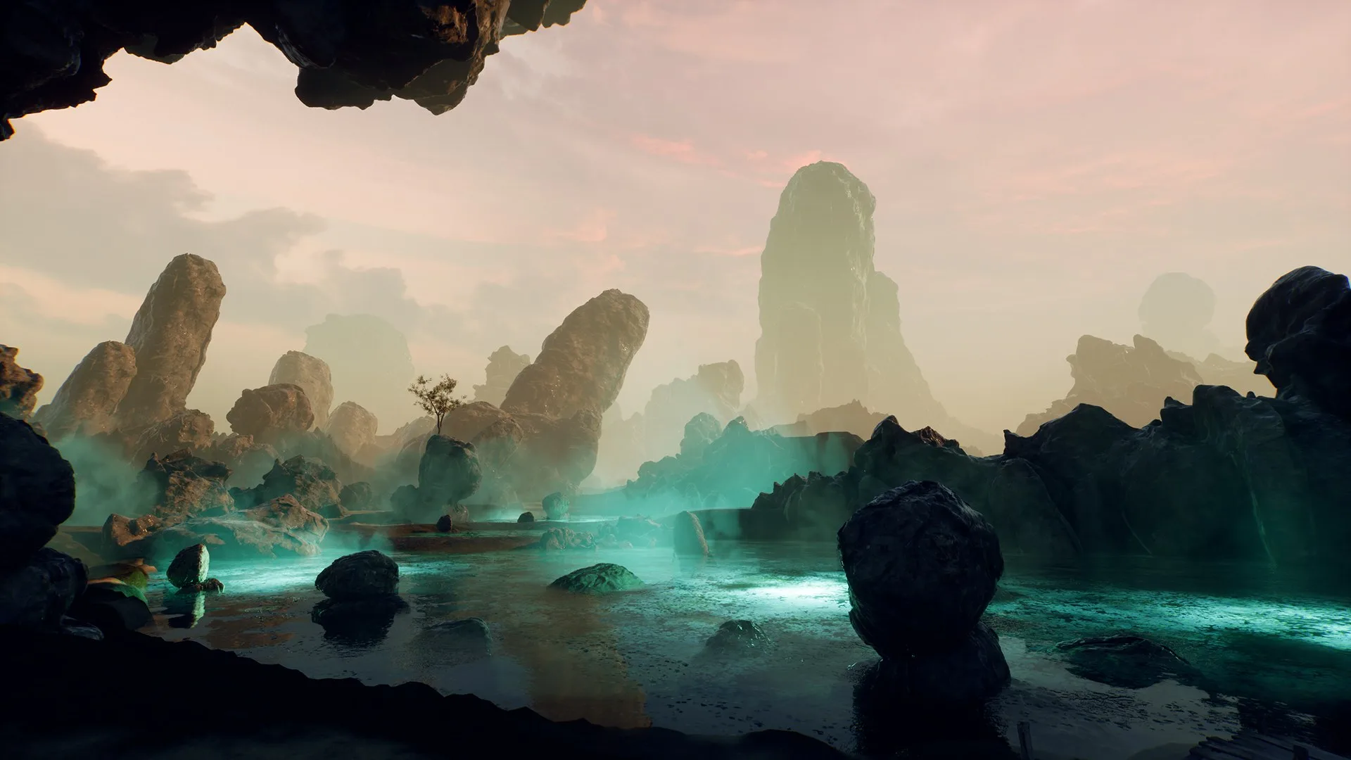 Generated rock formations around a turquoise lagoon