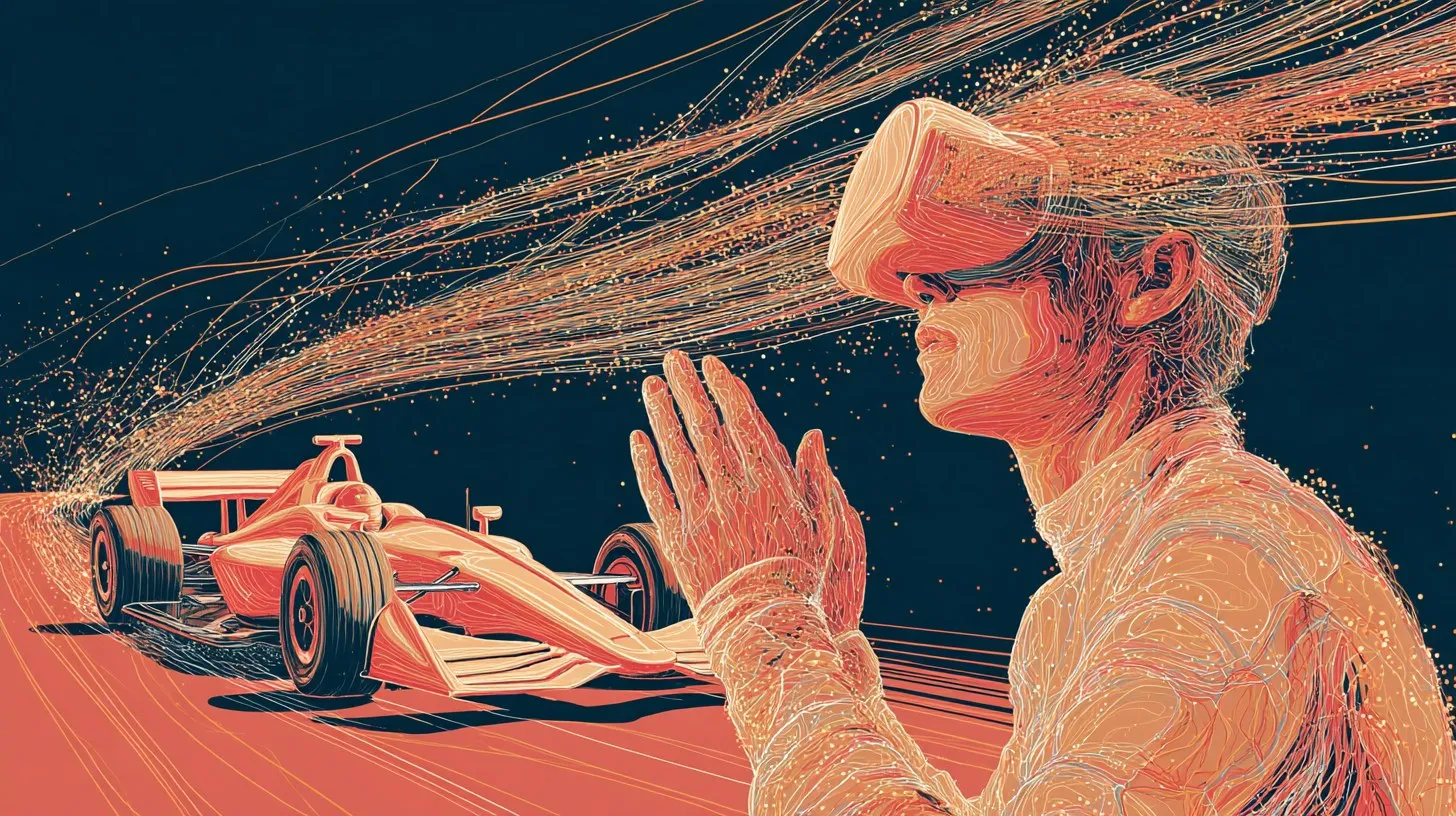 Strumień danych telemetrycznych płynący od bolidu Formuły 1 do osoby w goglach VR — ilustracja do wpisu Carbon Studio o telemetrii