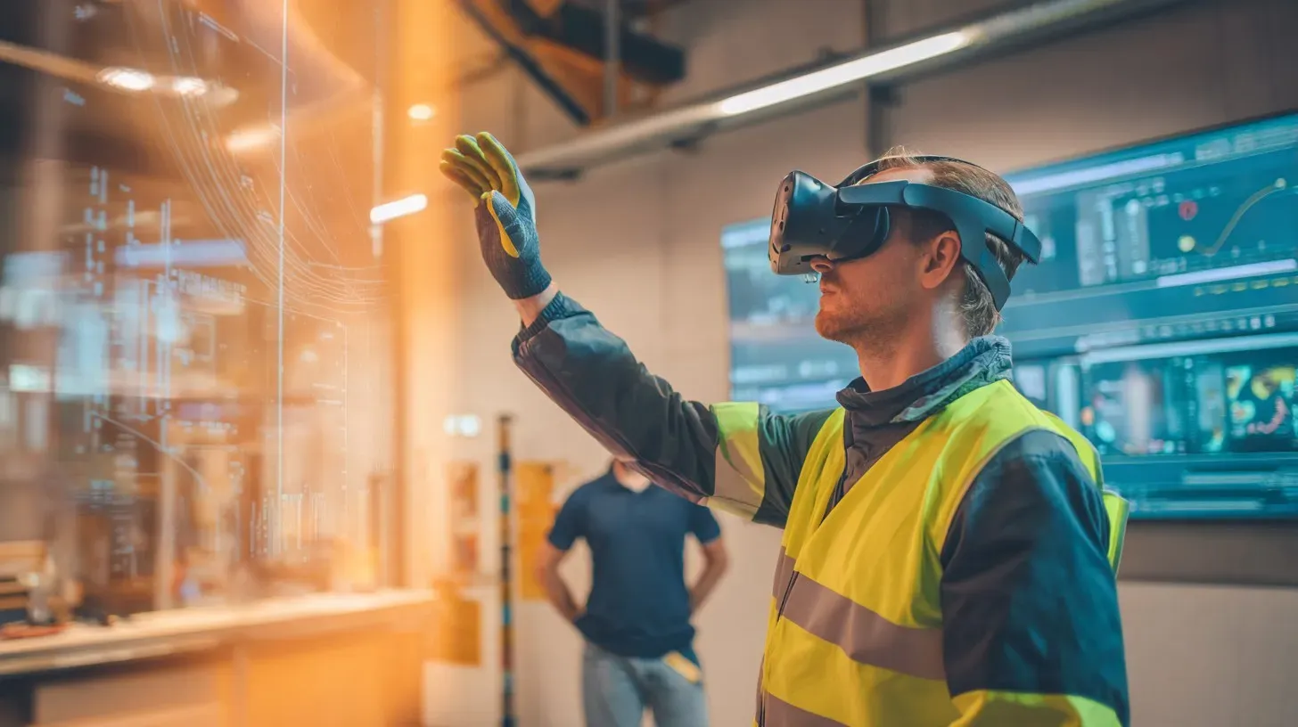 A worker in a hi-vis vest and VR headset reaching toward a holographic procedure panel, with a trainer and session-data screens in the background