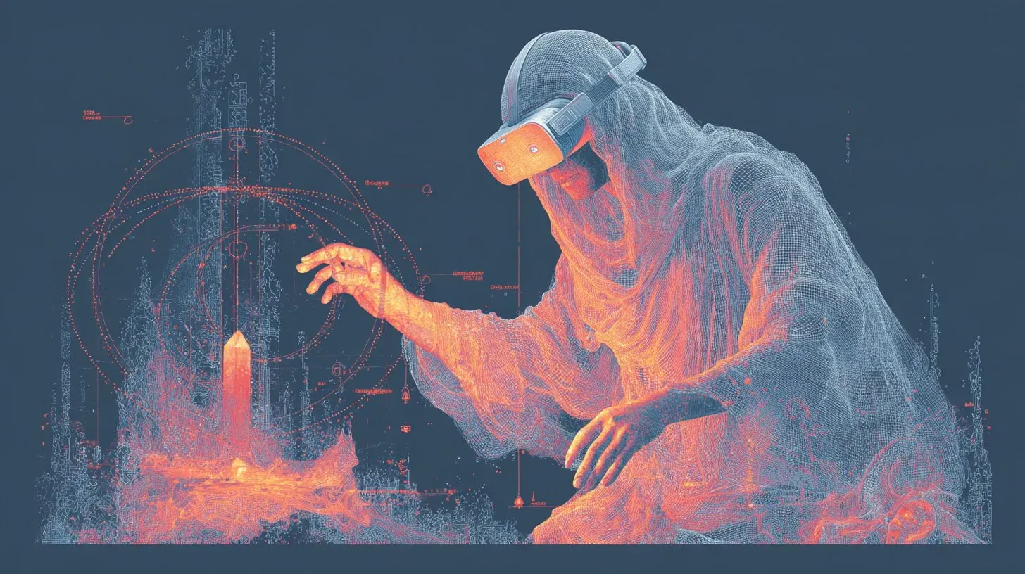 A figure in a VR headset made of a mesh of points reaching for a glowing crystal, with rings of motion-tracking dots around the hand