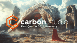Carbon Studio Q1 2025 financial results - company logo with quarterly report highlights showing positive EBITDA of PLN 537.9k