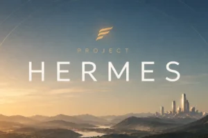 Project Hermes key art — Carbon Studio VR game above a valley and city at sunrise