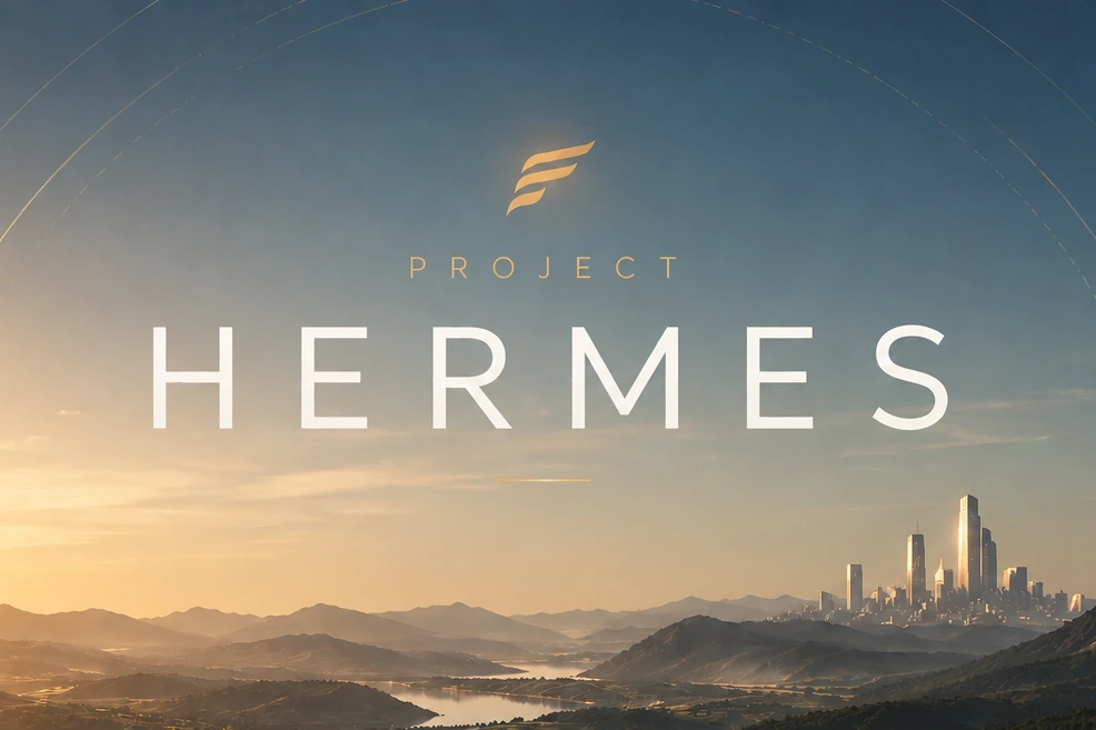 Project Hermes key art — Carbon Studio VR game above a valley and city at sunrise