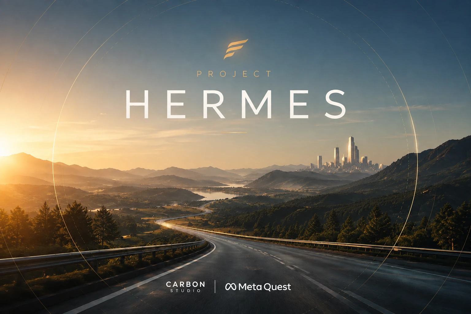 Projekt Hermes – logo gry VR Carbon Studio nad drogą prowadzącą ku miastu o świcie