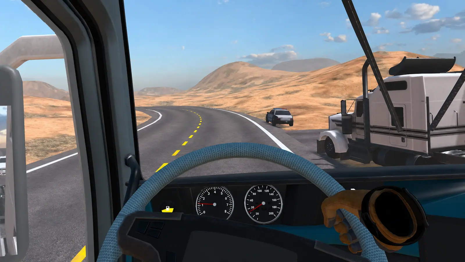 Arizona Truck Driver – cab view of a desert highway from the truck in VR