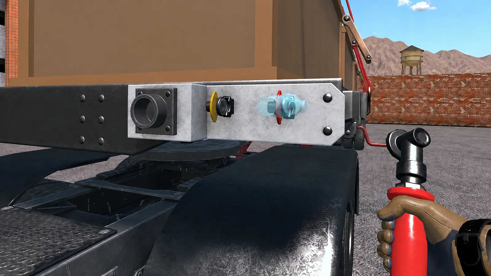 Arizona Truck Driver – coupling the trailer by hand in VR: plugging in the air lines behind the truck cab